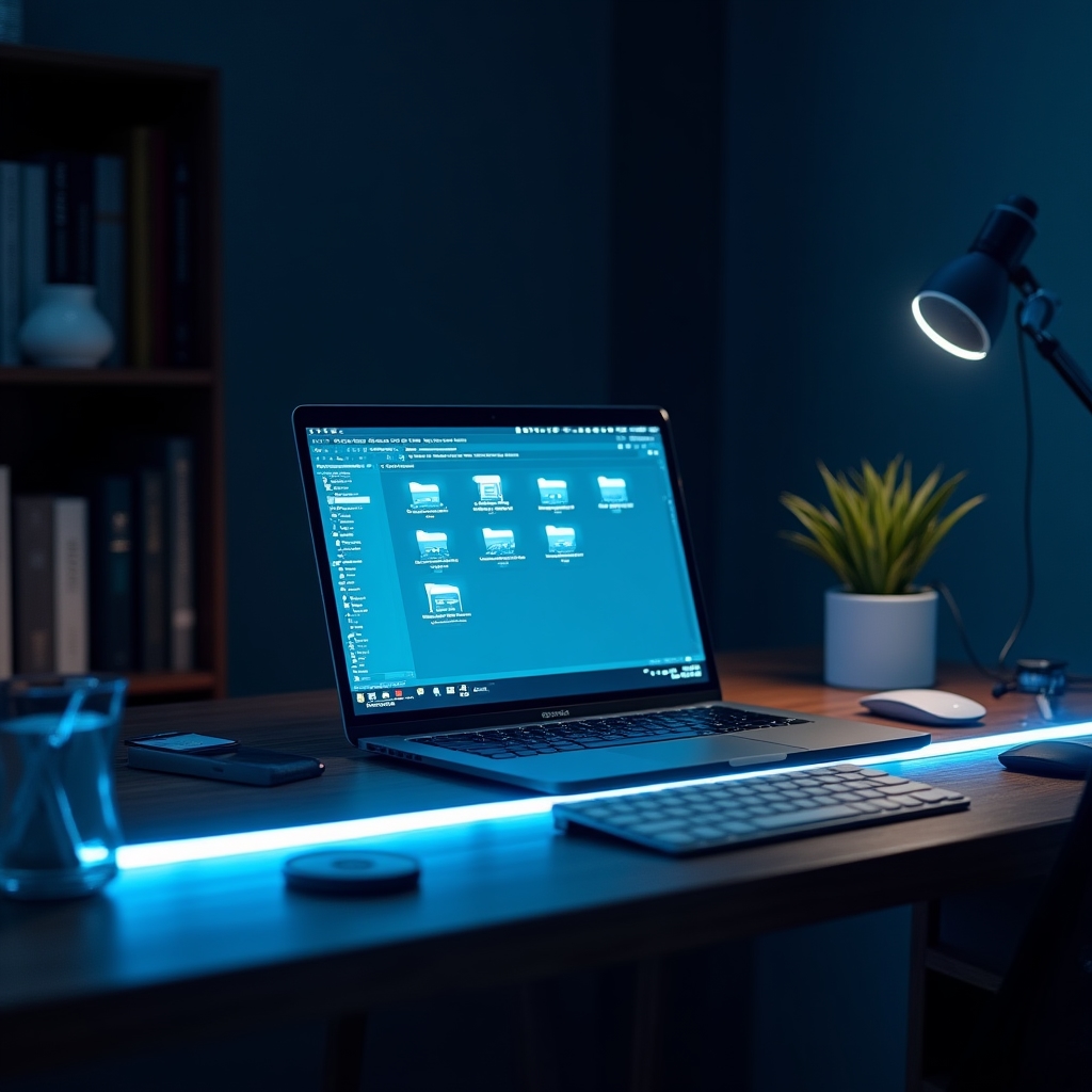 Aufgeräumter Schreibtisch mit Laptop und digitalem Dokumentensystem