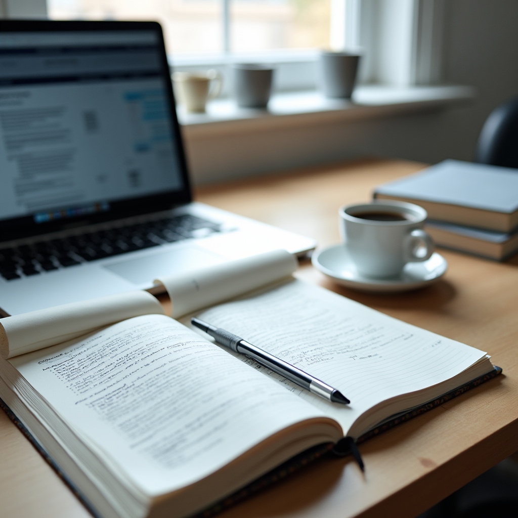 Sorgfältige Recherche an einem organisierten Schreibtisch mit Notizen und Laptop